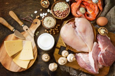 Dengeli gıda arka plan. Sağlıklı beslenme ve diyet konsepti. Prote