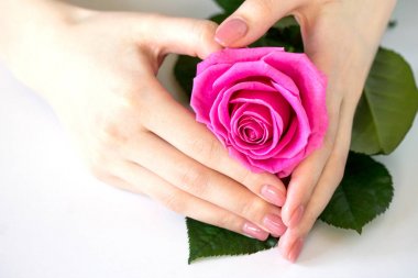 Pembe cila izole ile güzel manikürlü kadın tırnakları. Nai