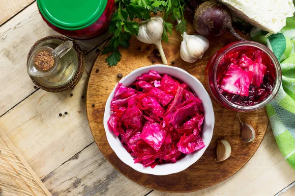 Homemade preserving. Fermented food. Salad Cabbage with Beetroot