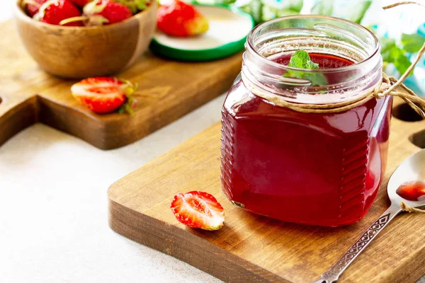 Homemade preservation. Fresh strawberry berries and strawberry b — Stock Photo, Image