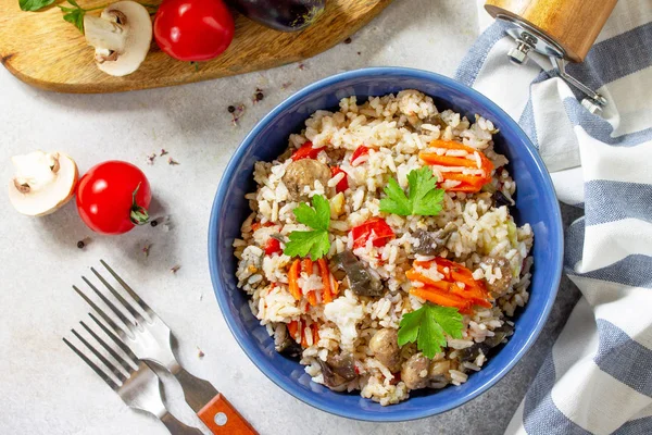 Diet menu. Healthy food. Vegetarian vegetable mushrooms pilaf. R