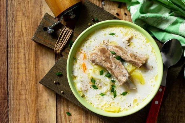 Овощной суп с капустой, сметаной и мясными ребрышками на киче — стоковое фото