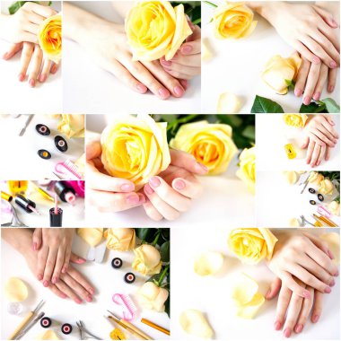 Kolaj Nails bakım. Pembe ile güzel manikürlü kadın tırnakları 