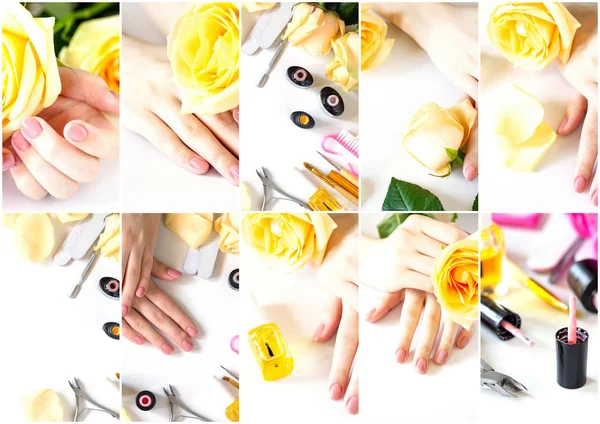 拼贴指甲护理。美丽的修剪妇女指甲与粉红色 — 图库照片