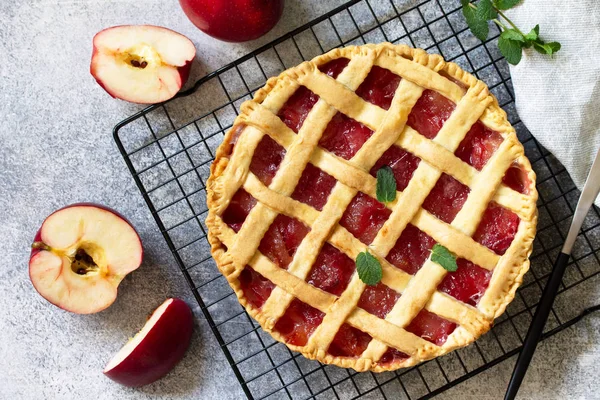 Домашняя выпечка. Осенний яблочный пирог на светлом камне или шифер — стоковое фото