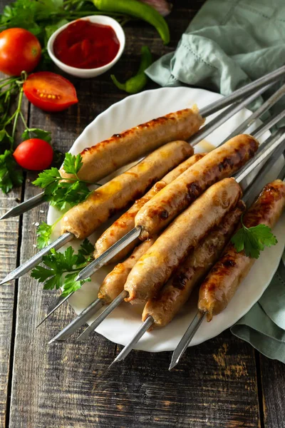 Summer Barbecue Menu Grilled Sausages Rustic Wooden Table — Stock Photo, Image