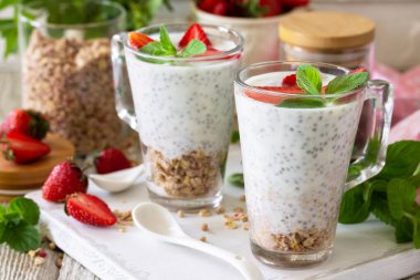 Sağlıklı beslenme konsepti kahvaltısı. Yoğurtlu çilekli parfe, chia tohumu, ev yapımı granola ve beton bir atölyede taze böğürtlen. Boşluğu kopyala