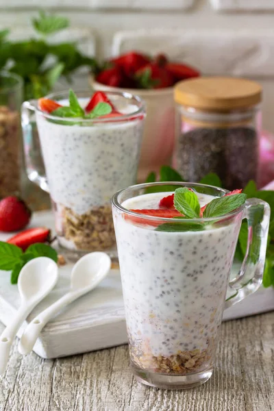 Healthy Eating Concept Breakfast Strawberry Parfait Yogurt Chia Seeds Homemade — Stock Photo, Image