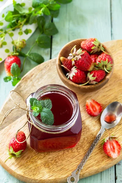 Homemade Preservation Concept Strawberry Berry Syrup Fresh Strawberry Berries Wooden — Stock Photo, Image