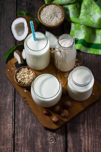 Concepto Comida Vegana Saludable Surtido Leche Orgánica Vegana Láctea Coco — Foto de Stock