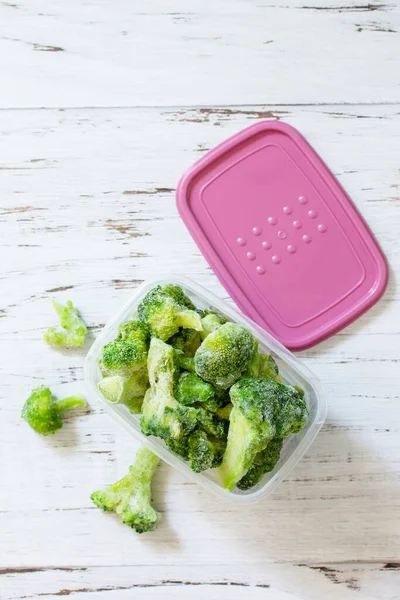 Healthy Food Frozen Containers Frozen Broccoli Top View Flat Lay — Stock Photo, Image