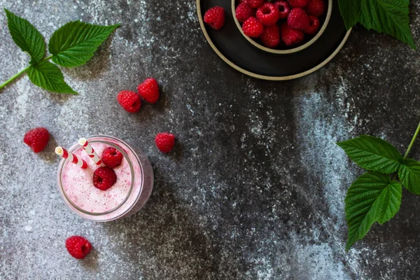 Summer Cool Milkshake Raspberry Protein Shake Glass Dark Background Top — Stock Photo, Image