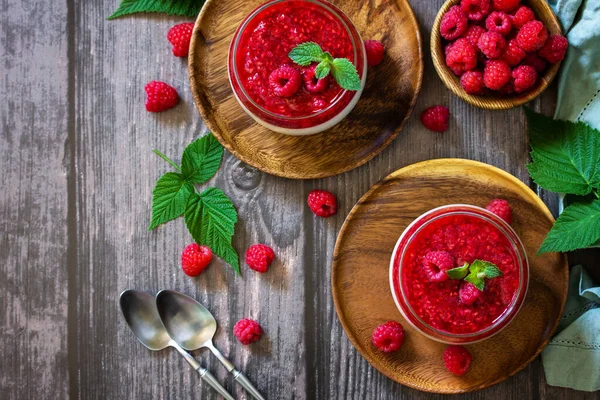 Raspberry Panna Cotta Raspberry Jelly Italian Dessert Homemade Cuisine Top — Stock Photo, Image