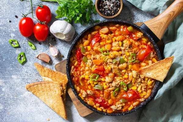 Geleneksel Meksika Yemekleri Fasulye Sebzelerden Yapılmış Chili Con Carne Koyu — Stok fotoğraf