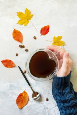 Sonbahar konsepti. Bir kadın elinde bir fincan sıcak kahve tutuyor. Düz üst görünüm.