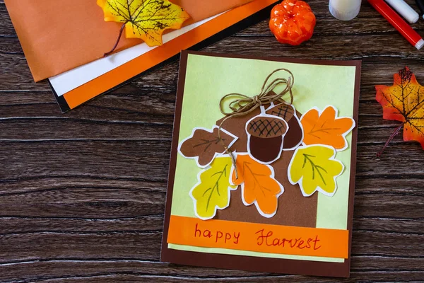 Carte Voeux Pour Thanksgiving Sur Une Table Bois Projet Art — Photo