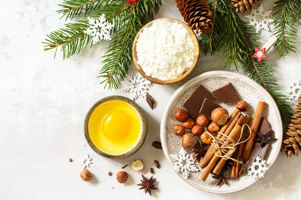 Seasonal Baking Winter Background Ingredients Christmas Baking Chocolate Spices Nuts — Stock Photo, Image