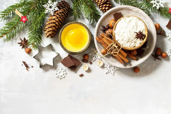Seasonal Baking Winter Background Ingredients Christmas Baking Chocolate Spices Nuts — Stock Photo, Image