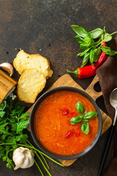Alimentation Saine Végétalienne Soupe Tomates Gaspacho Sur Une Table Pierre — Photo