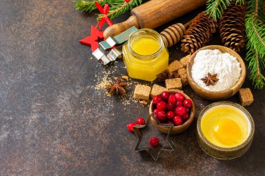 Fırın kışı. Noel pişirme malzemeleri - kakao, kızılcık, baharat, un, un ve yumurtalar kırsal bir ahşap masa üzerinde. Boşluğu kopyala.