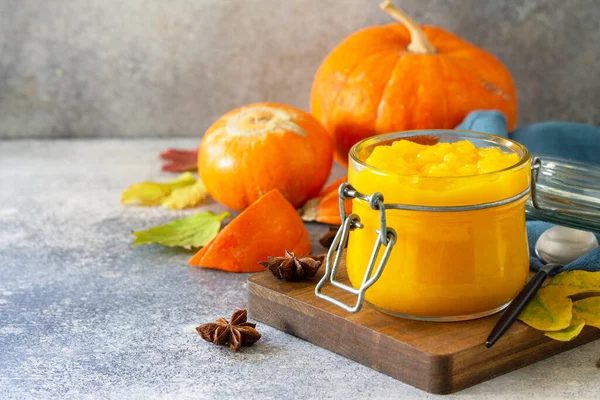 Autumn pumpkin meals for thanksgiving day. Pumpkin Puree on a slate background. Copy space. — Stock Image Autumn Pumpkin Meals Thanksgiving Day Pumpkin Puree Slate Background Copy Royalty Free Stock Photos