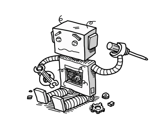 Illustration Vectorielle Dessinée Main Robot Cassé Essayant Réparer Aide Une — Image vectorielle