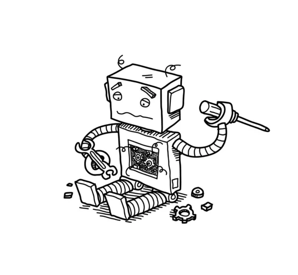 Ręcznie Rysowany Wektor Ilustracja Kreskówki Złamany Robot Próbuje Naprawić Się — Wektor stockowy