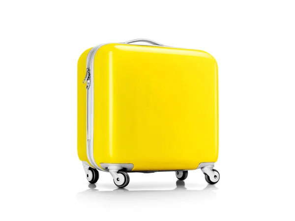 Желтый Пластиковый Чемодан Багаж Путешественника Изолированы Белом Фоне Вырезкой Пути — стоковое фото