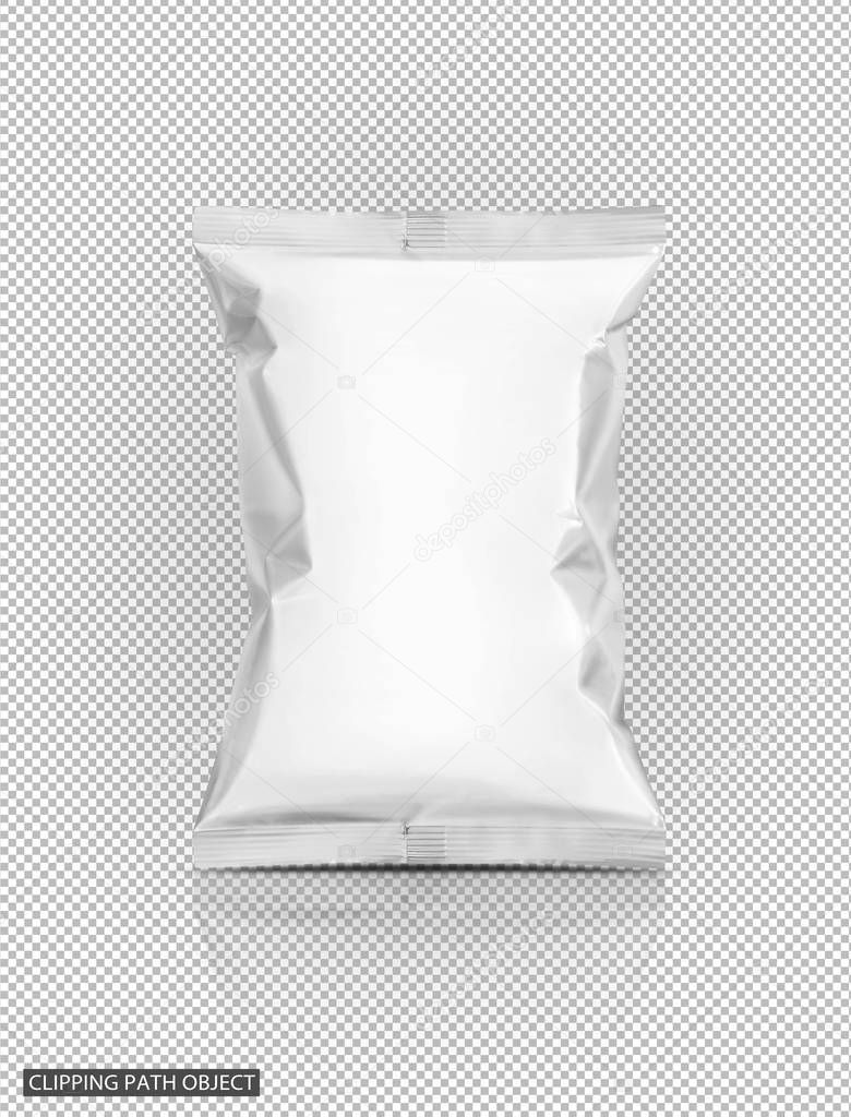blank packaging snack pouch on virtual transparency grid background with clipping path ready for product design