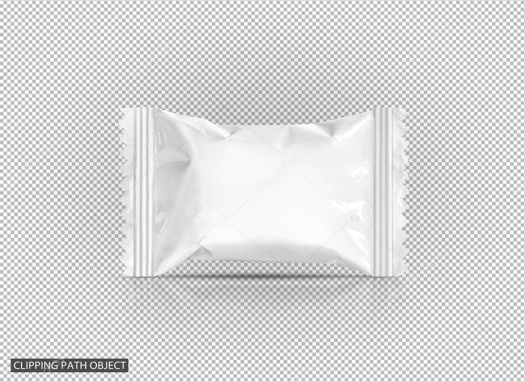 blank packaging candy palstic sachet on virtual transparency grid background with clipping path ready for product design