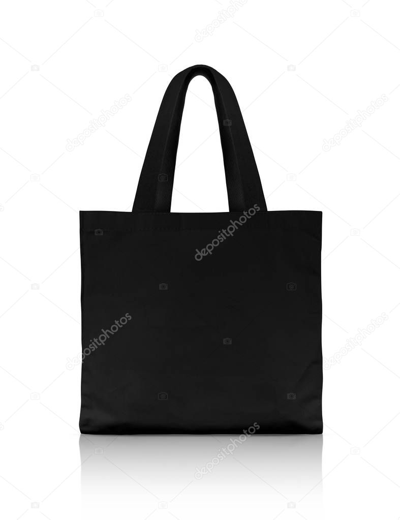 blank black fabric canvas shopping bag for save global warming isolated on white background