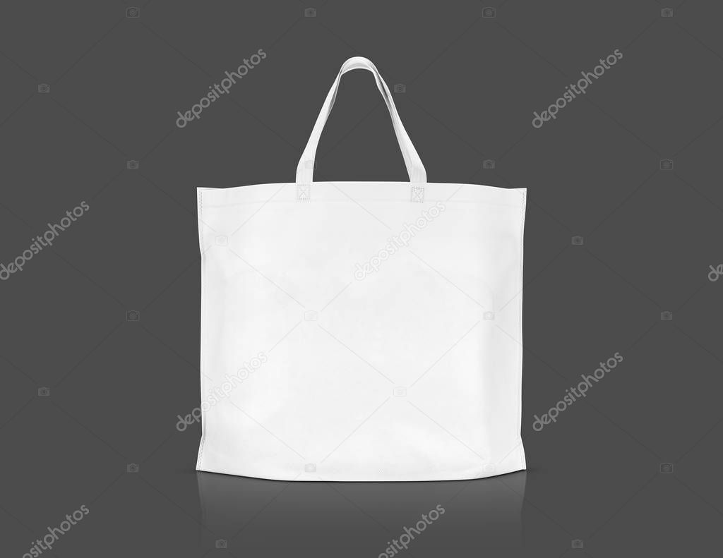 blank white fabric canvas shopping bag for save global warming isolated on gray background with clipping path ready for design template