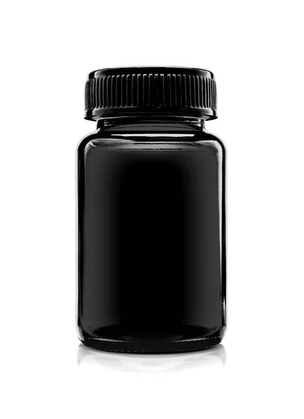 クリッピング サプリメント健康的な製品設計のため準備ができていると白い背景で隔離空白包装黒透明なガラス瓶 — ストック写真