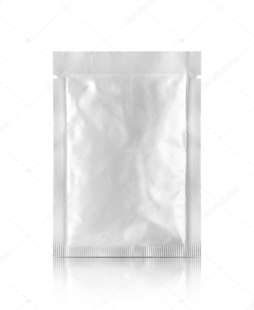 blank packaging aluminum foil snack sachet isolated on white background with clipping path ready for food product design