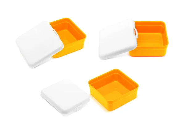 Lege Oranje Lunchbox Geïsoleerd Een Witte Achtergrond Met Uitknippad — Stockfoto