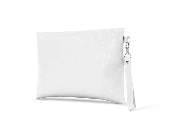 Пустой Белый Кожаный Мешок Премиум Ручка Висящим Изолированным Белом Фоне — стоковое фото