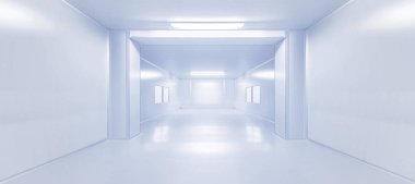 modern iç bilim laboratuvarı veya fabrika geçit arka plan monoton floresan aydınlatma ile