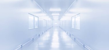 bilim laboratuvarı veya endüstri fabrika arka plan ağ geçidi ve parlak flüoresan ışık ile modern iç