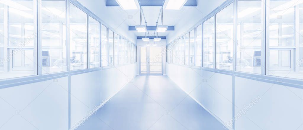 modern interior of science laboratory or industry factory background with gateway and bright fluorescent light