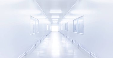 Fen Laboratuarı ya da ağ geçidi üzerinden aydınlatma, monoton fabrika geçit iç arka plan ile fabrika modern iç