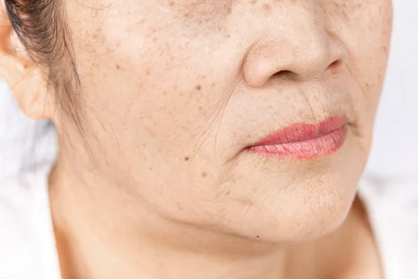 Wrinkle Freckles Skin Line Close Elderly Asian Woman Face Years — Stock Photo, Image