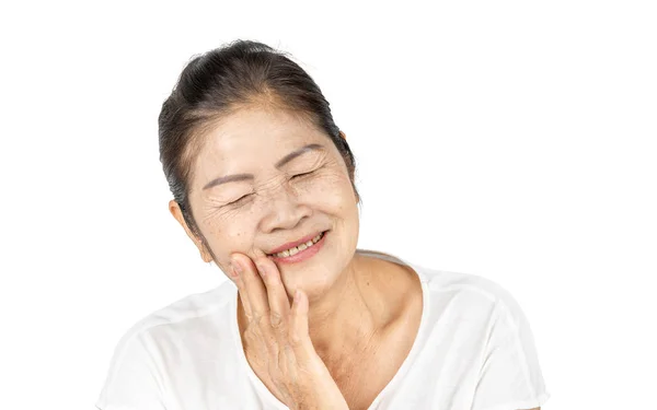 Yaşlı Asyalı Kadın Portre Yaşında Beyaz Arka Plan Üzerinde Diş — Stok fotoğraf