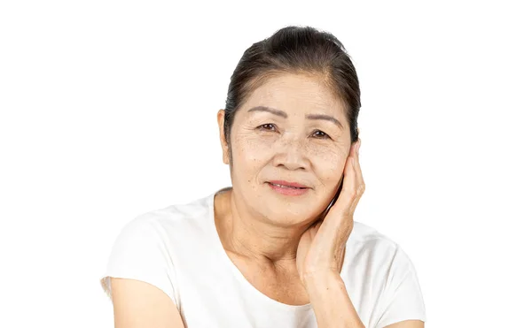 Anciano Asiático Mujer Con Arruga Peca Cara Incluir Blanco Ropa —  Fotos de Stock