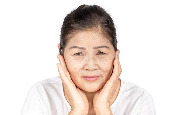 Elderly Asian Woman Wrinkle Freckle Face Include White Clothes Black — Stock Photo, Image