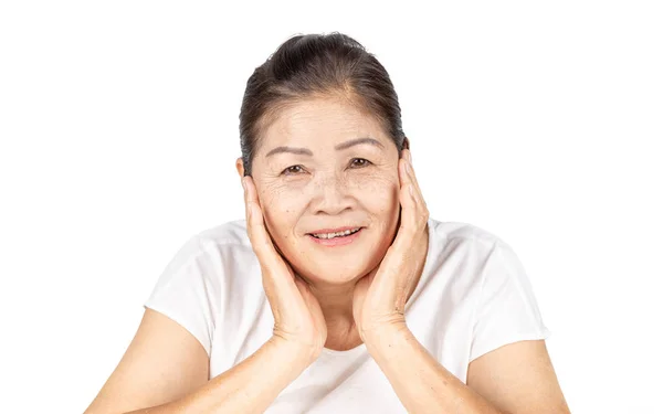 Elderly Asian Woman Wrinkle Freckle Face Include White Clothes Black — Stock Photo, Image