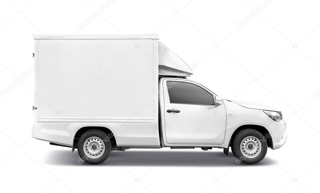 white pick-up truck with container box roof rack for transportation or delivery industrial