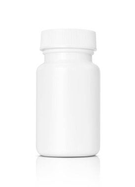 Beyaz arka planda izole edilmiş beyaz plastik ilaç şişesi