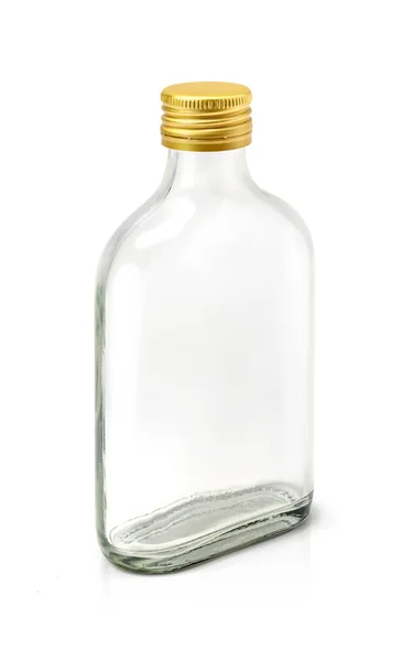 Clear glass bottle with brass cap isolated on white background — Stock Photo, Image