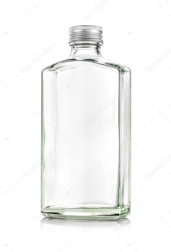 Clear glass whiskey bottle isolated on white background