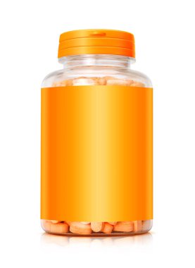 turuncu kapak lı vitamin şişesi ve boş etiket